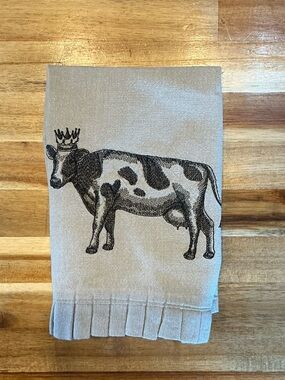 Tea Towel - Embroidered Cow Neutral Beige Linen